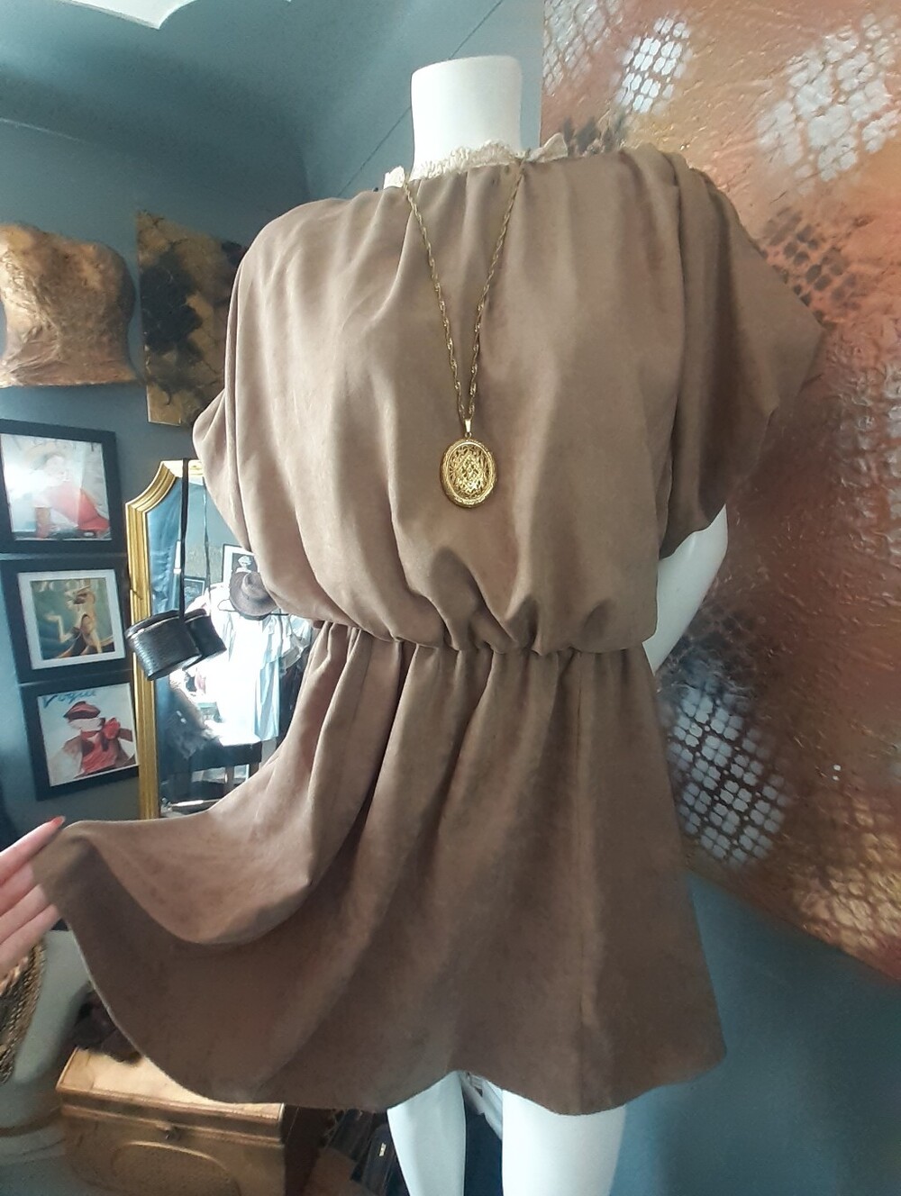Zara Faux Suede Taupe Brown Elastic-Waist Short Dress